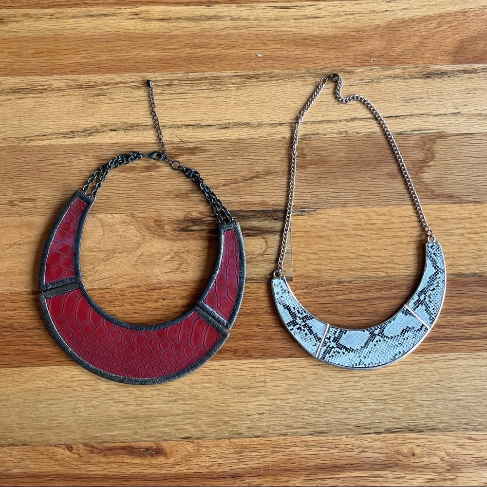 Two Metal Bib Necklaces Red, Animal Print